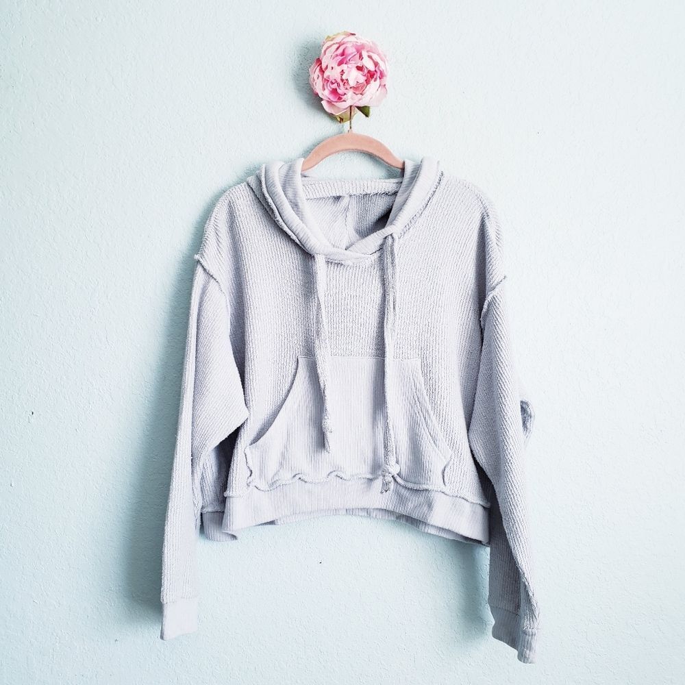 Vintage Havana Blue Ribbed Cropped Hoodie with Open Back